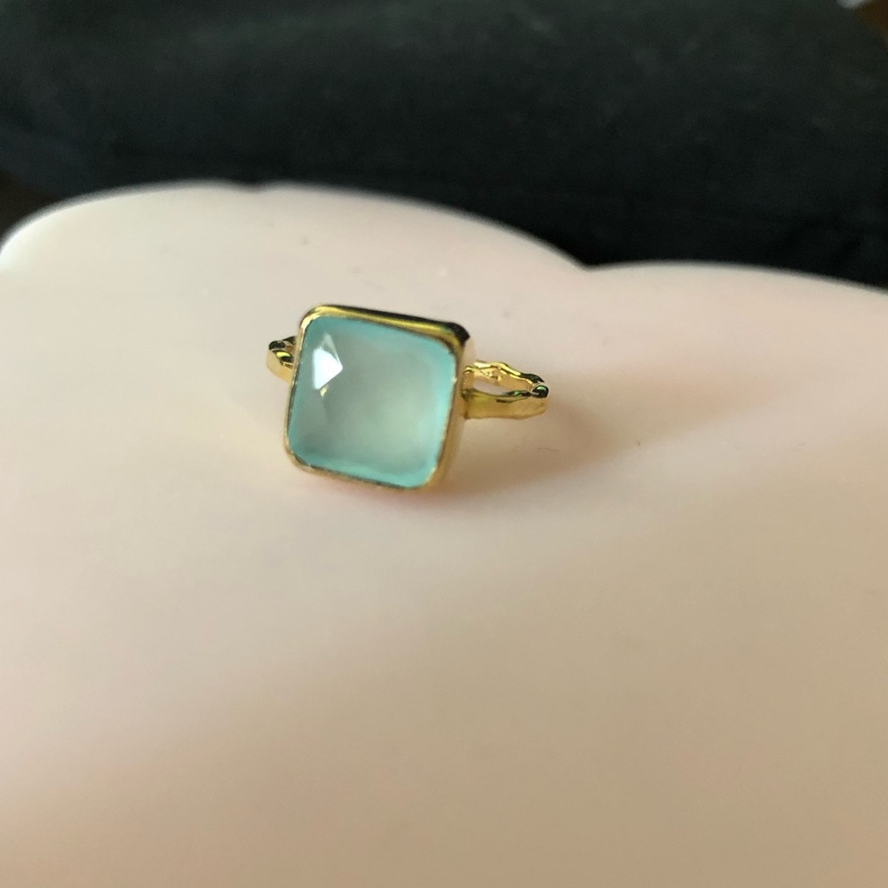 Aqua Blue Chalcedony Cushion Cut Ring